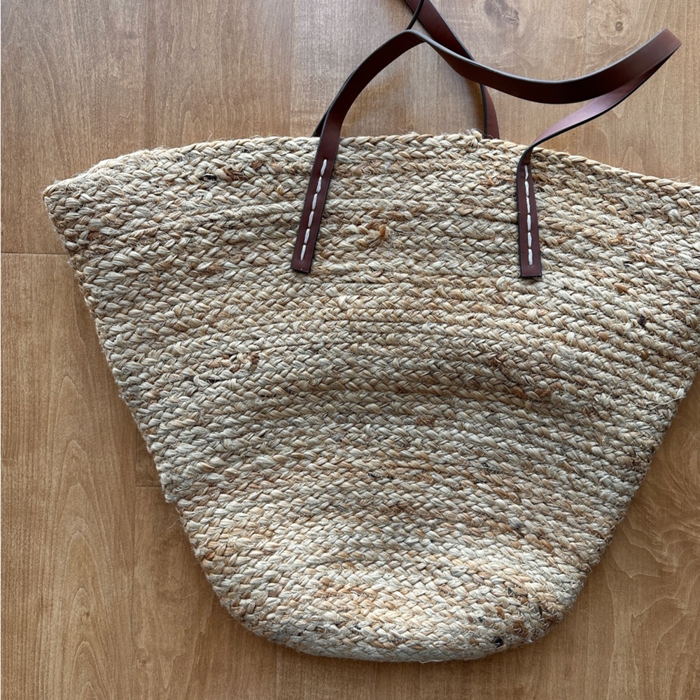 Mango Jute Basket Bag, Large Beach Tote, Drawstring Vacation Leather Handle Bag - Picture 8 of 15